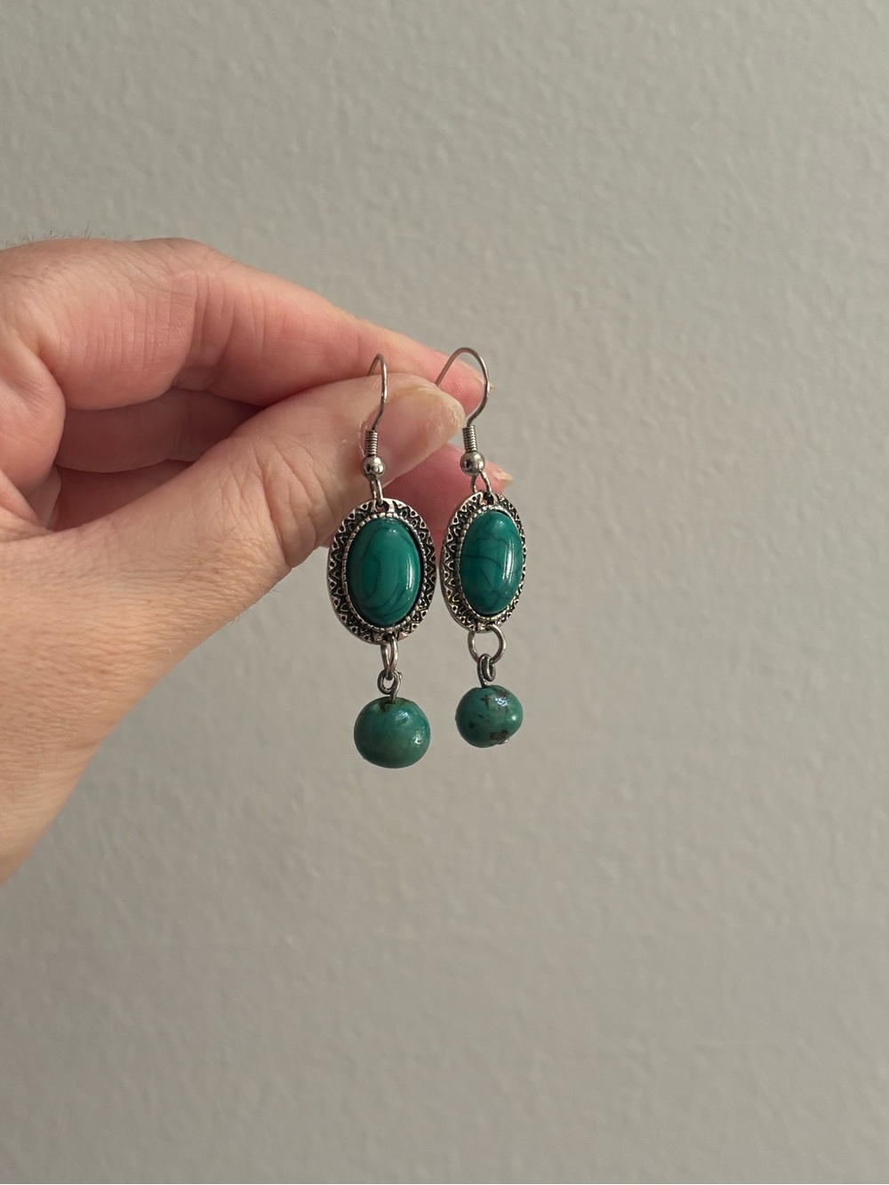 Ornate Silver Tone Oval Drop Earrings with Turquoise Stone